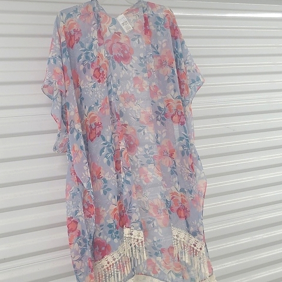 Kimono Wrap Floral Lace Trim  Pastel Blue Pink Roses Romantic Lightweight Sheer - Picture 7 of 8